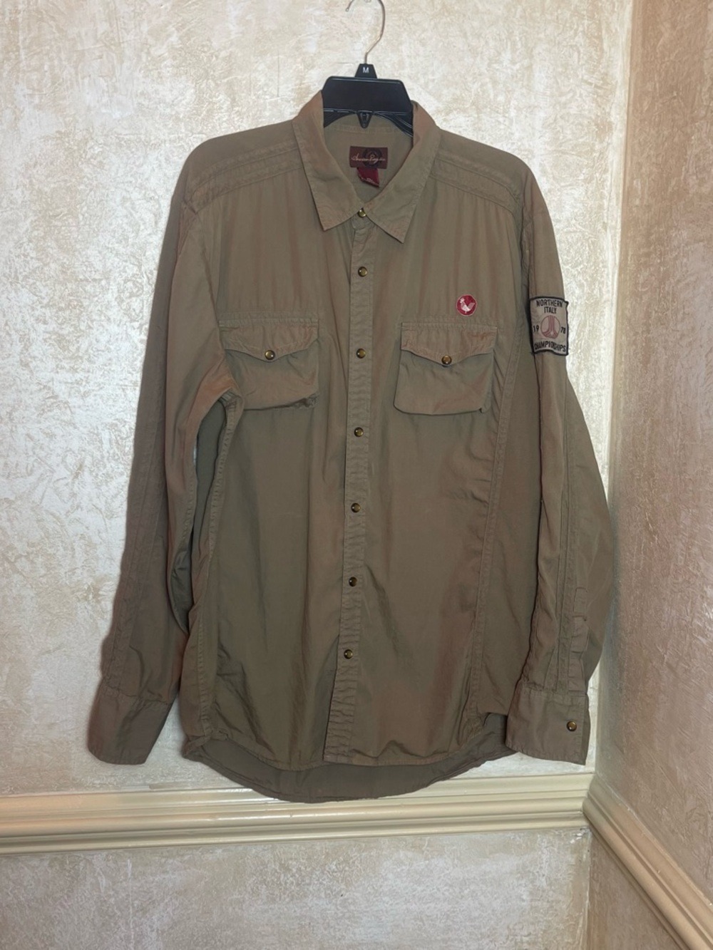 American Rag Cie Vintage Moto Shirt XL Khaki Apache Motorcycle Club Patch 1978 - Picture 3 of 13